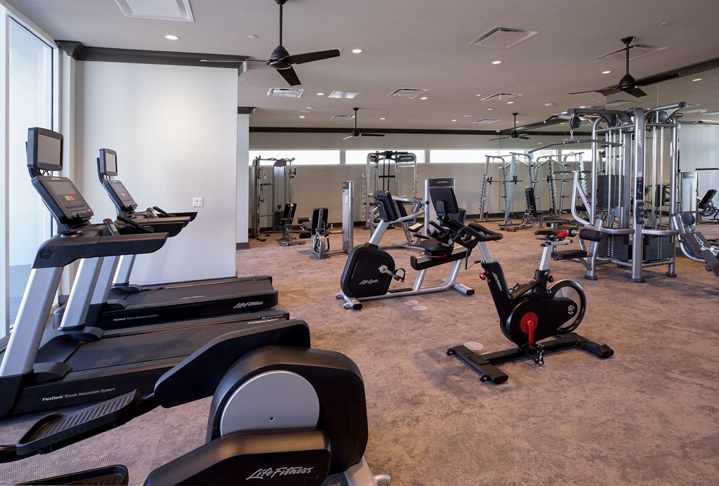 a gym with treadmills and other exercise equipment